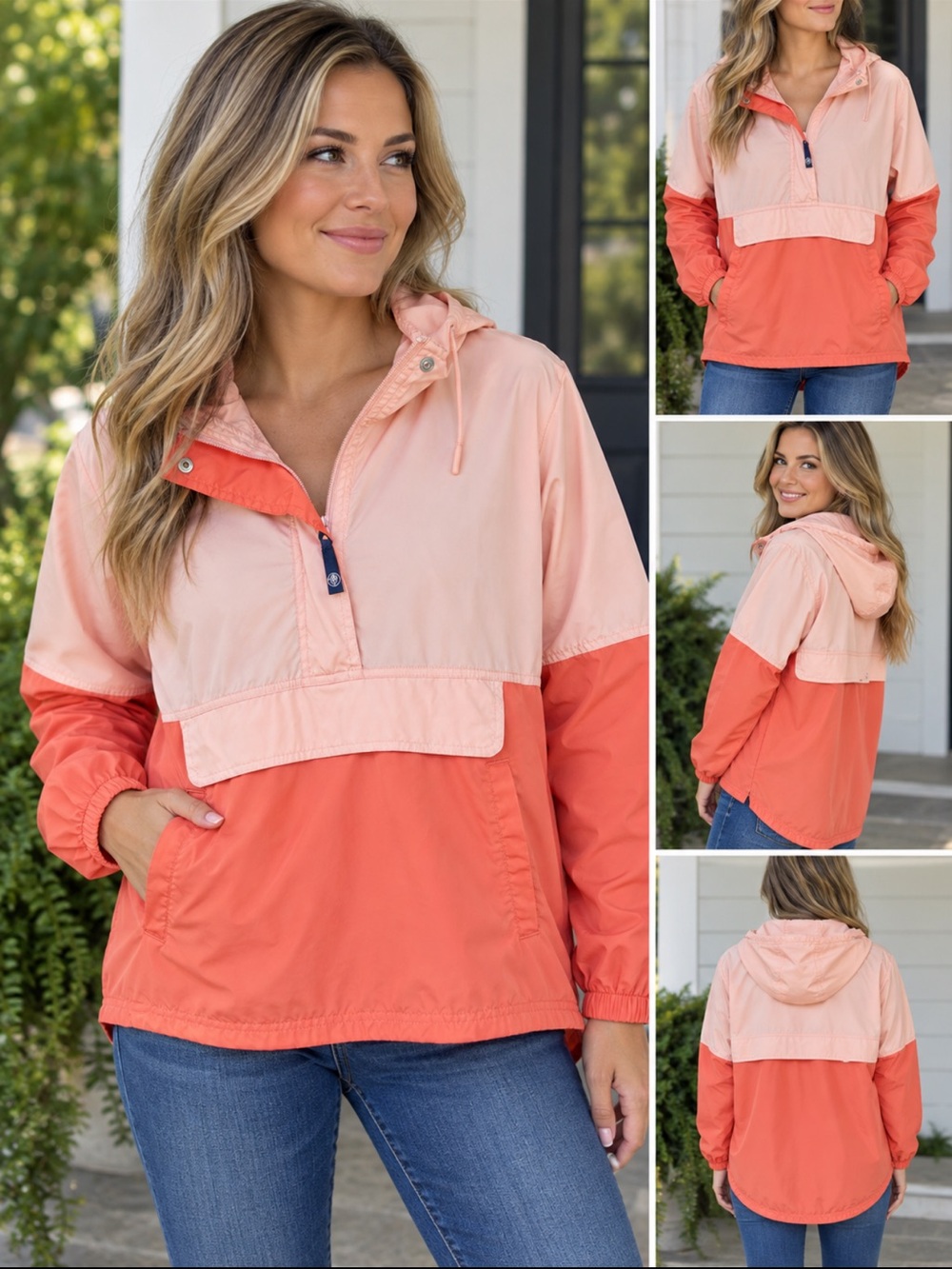 Lauren James Peach Coral Colorblock Hooded Anorak Pullover Windbreaker S